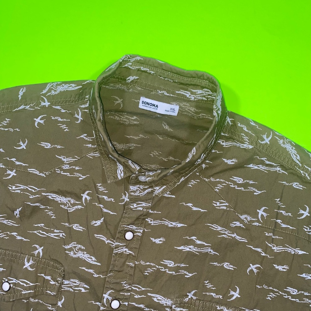 Sonoma Mens XXL Olive Green Bird Wave Print Short Sleeve Western Snap Shirt